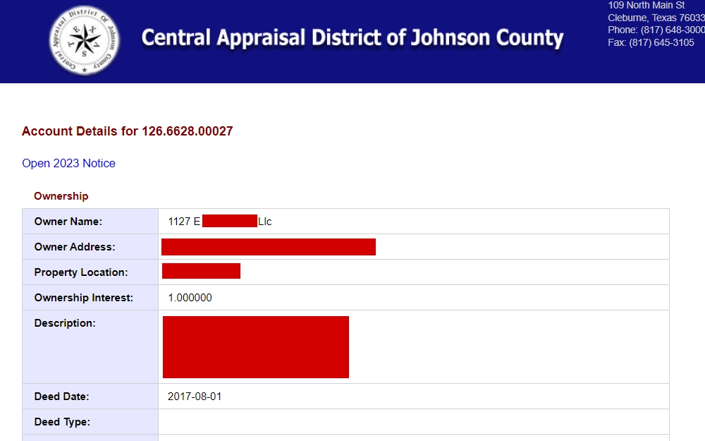 A screenshot from the Central Appraisal District Of Johnson County website displays owner name, address, property location, ownership interest, description, and deed date and type.