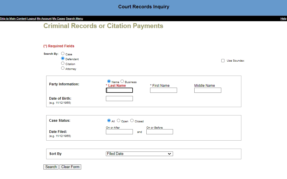 A screenshot of the Criminal Records Inquiry Page for the search of cases filed within Johnson County Courts displays four options to search, such as by case, defendant, citation and attorney; to search by defendant, users are required to input the subject's last name.