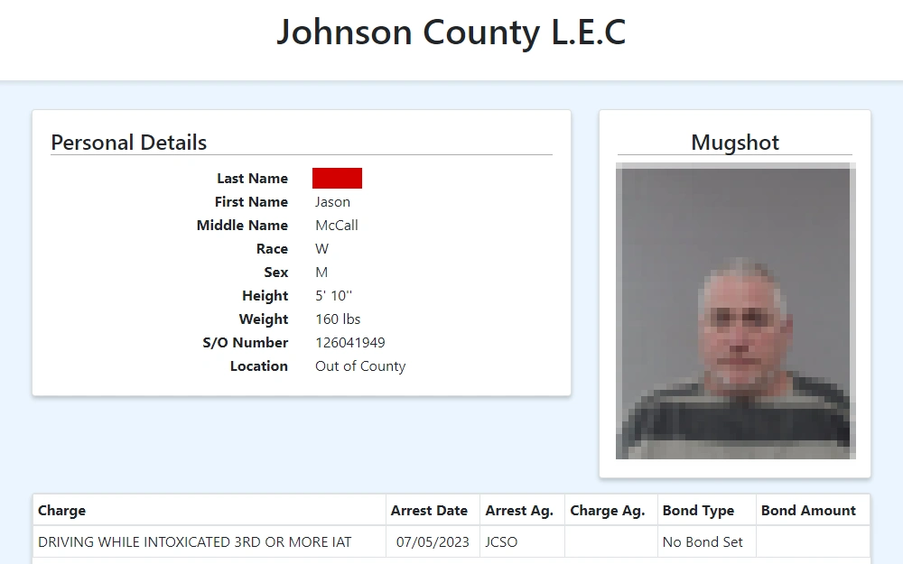 A screenshot shows the inmate's details from the Johnson County Sheriff's Office website, including the full name, race, sex, height, weight, SO number, location, mugshot and charge.