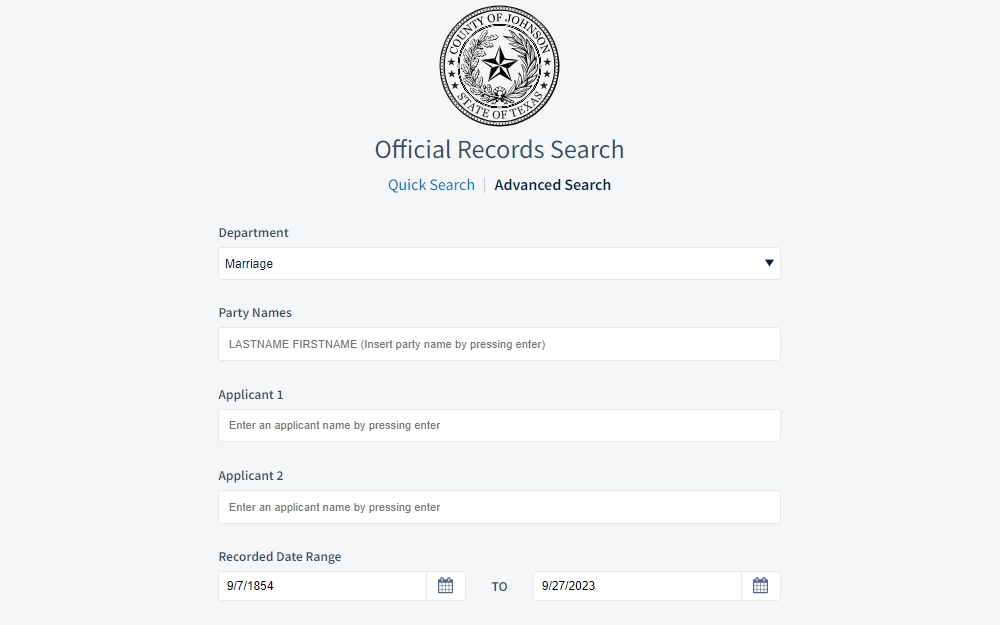 A screenshot of the Johnson County Clerk's Official Records Search Tool for searching marriage documents, where users must input the party names and recorded date range to make a request.