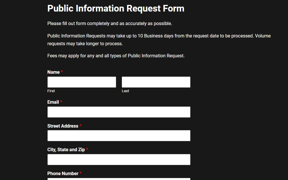 A screenshot of the Public Information Request Form on the Johnson County Sheriff's Office website with required fields for name, email, address, and phone number.