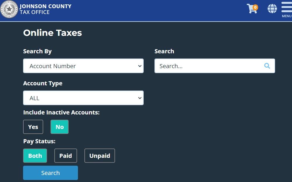 A screenshot of the Johnson County Tax Office website search page requires users to select their search and account type from a drop-down menu to pay taxes online.