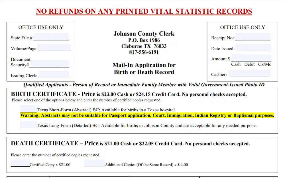 A screenshot showing the Mail-In Application for a Birth or Death Record from the Johnson County Clerk displays the corresponding payment for the type of document requested, including the Clerk's address and contact information.