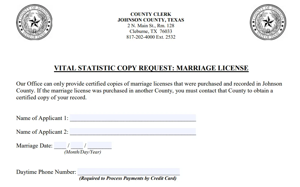 A screenshot of Johnson County's marriage license request form requires the applicant's name, marriage date, and daytime phone number; the Clerk's logo and address are also displayed at the top.
