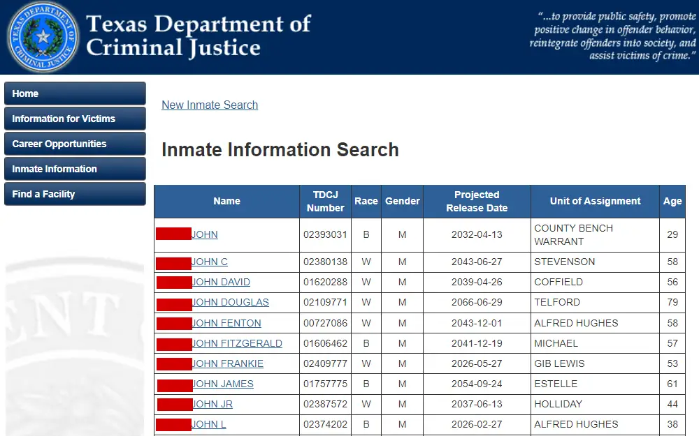 A screenshot from the Texas Department of Criminal Justice website shows the list of inmates with details such as full name, TDCJ number, race, gender, projected release date, unit of assignment and age. 