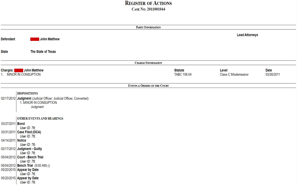 A screenshot of a legal record from a court case, which outlines the actions taken by the court regarding a defendant charged with a minor consumption misdemeanor, including the disposition of guilty, bond information, and various dates of legal proceedings and judgments.