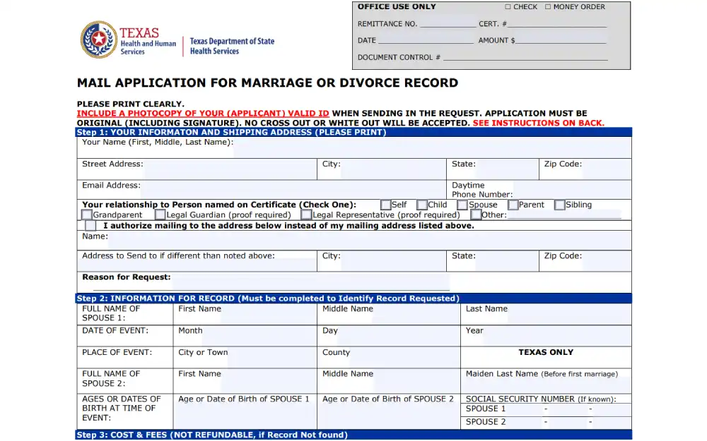 A screenshot of a form from the Texas Department of State Health Services for requesting a certified copy of a marriage or divorce record, which requires the applicant's personal information, mailing address, relationship to the person on the certificate, details of the record being requested, and associated costs and fees, emphasizing the need for a photocopy of the applicant's valid ID and clear instructions.