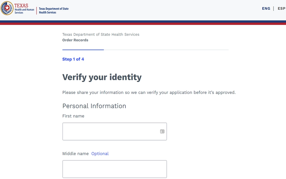 A screenshot from the Texas Department of State Health Services displays the initial step in an online application process that requests the user's first and middle names for identity verification.