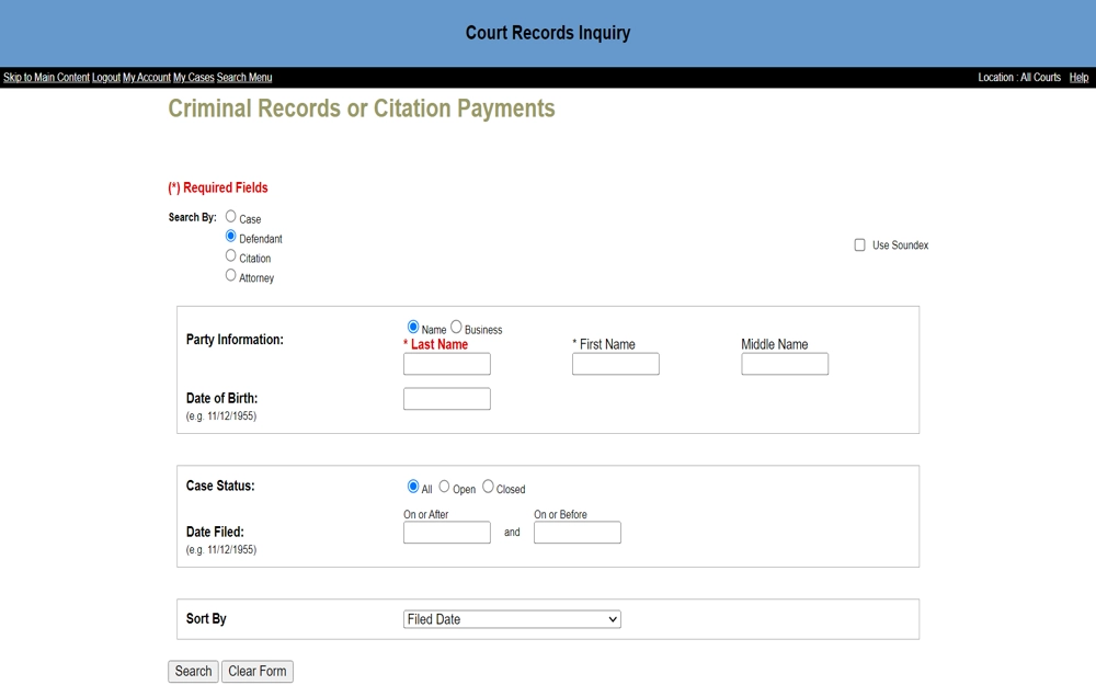 A screenshot of the Criminal Records Inquiry Page for the search of cases filed within Johnson County Courts displays four options to search, such as by case, defendant, citation and attorney; to search by defendant, users are required to input the subject's last name.